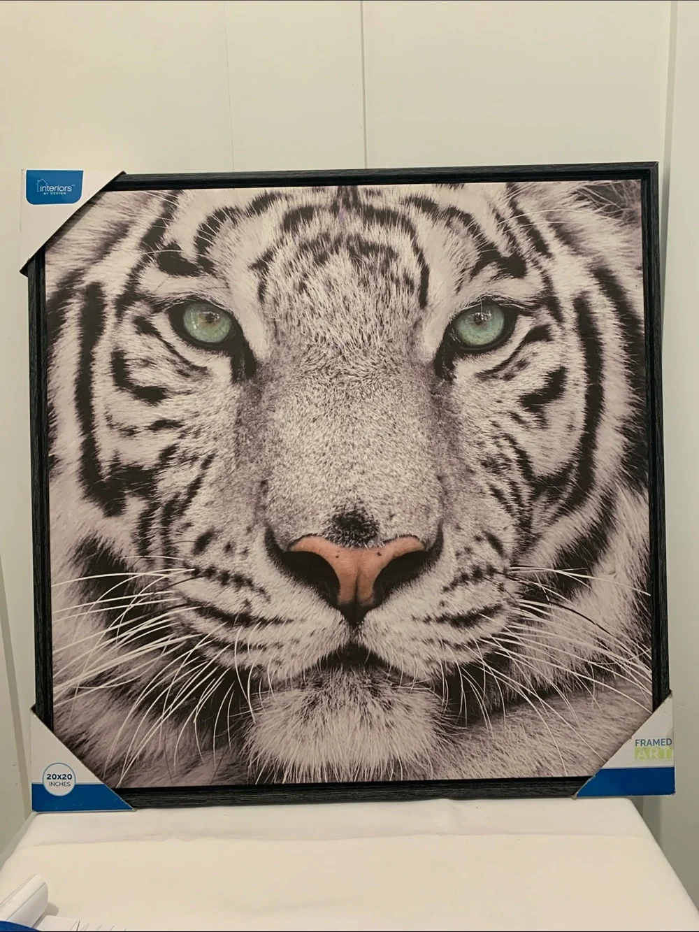 White Tiger Framed Wall Art - White, Black, Pink Accent over frame